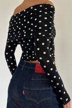 Polka Dot Color Block Off-Shoulder Crop Top