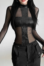 Sheer Mesh Crew Neck Knit Top