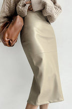 PU Leather High-Waisted Slit Midi Skirt