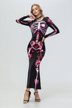 Halloween Skeleton Print Long Sleeve Maxi Dress