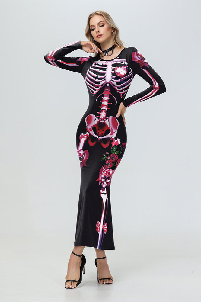 Halloween Skeleton Print Long Sleeve Maxi Dress