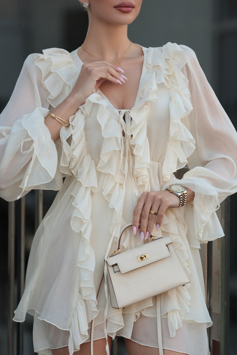 Ruffled Chiffon Long Sleeve Mini Dress