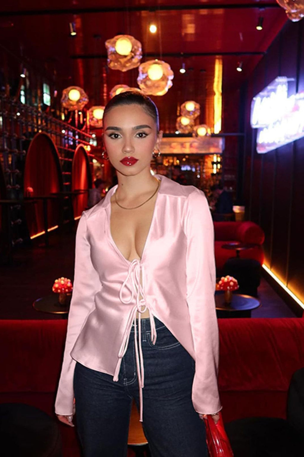 Satin Tie Front Fitted Blouse