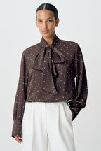 Polka Dot Tie Waist Slim Blouse