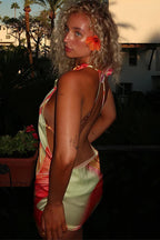 Backless Satin Halter Floral Dress