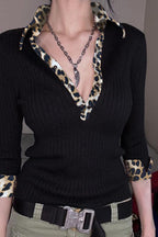 Leopard V Neck Knit Blouse