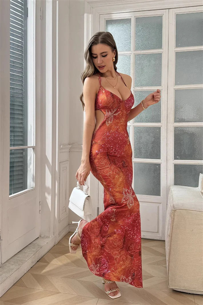 Vintage Printed Floral Lace-Up Floral Dress