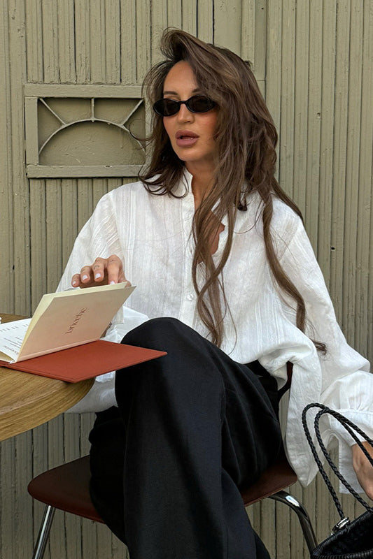 Loose Fit Lantern Sleeve Stand Collar Blouse