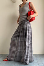 High-Waisted A-Line Mesh Plaid Maxi Skirt