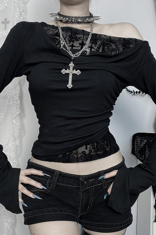 Velvet Patchwork One Shoulder T-Shirt