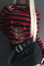 Striped Cutout Long Sleeve T-shirt