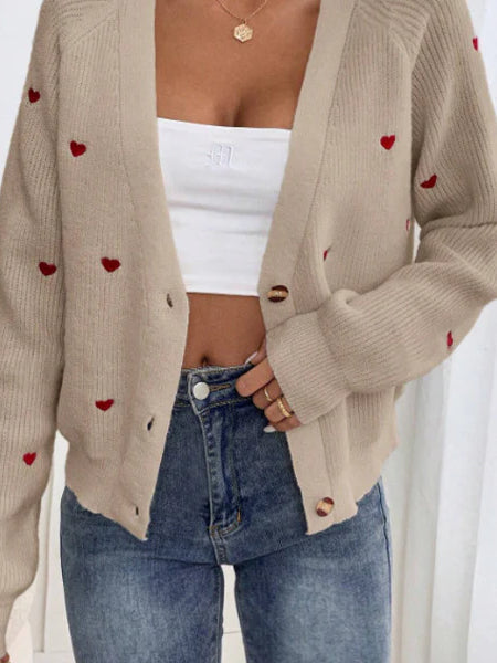 Heart Embroidery V-Neck Knit Cardigan