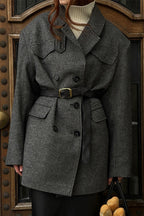 Houndstooth Wool Blend Long Coat