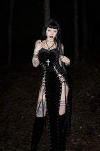 Dark Gothic Lace-Up Cutout Slit Strappy Maxi Dress