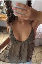 Embroidered Mesh Tank Top with Rhinestones