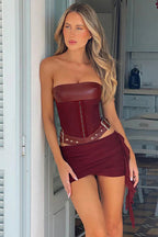 Dark Retro Lace-Up Corset Leather Pencil Skirt Two Pieces Set