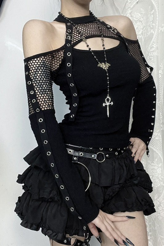 Mesh Patchwork Off Shoulder T-Shirt