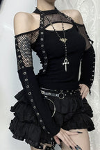 Mesh Patchwork Off Shoulder T-Shirt