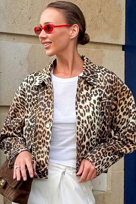 Leopard Print Zipper Cropped Jacket