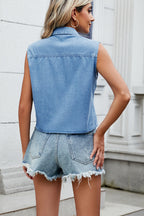 Washed Denim Tie Front Crop Blouse