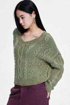 V-Neck Long Sleeve Cable Knit Sweater