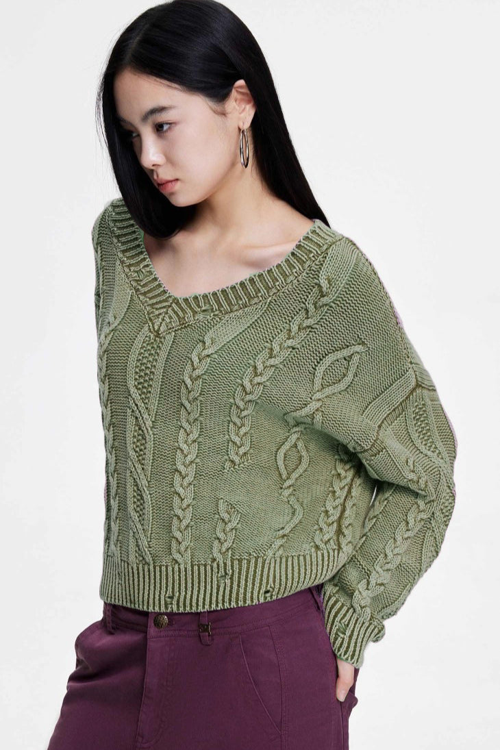 V-Neck Long Sleeve Cable Knit Sweater