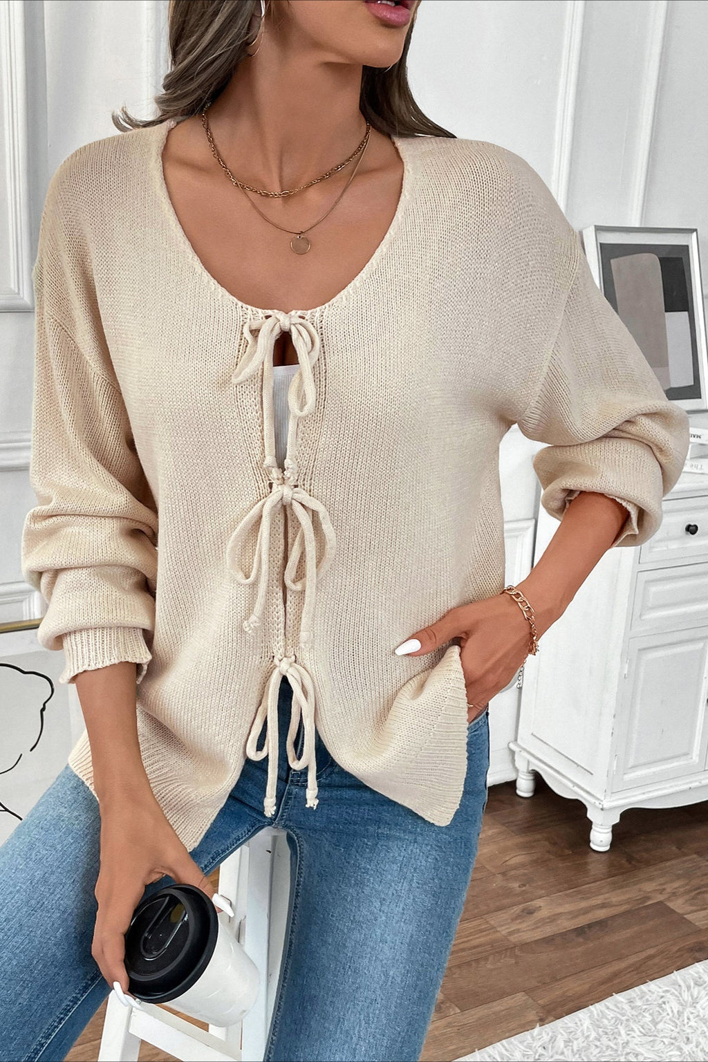 Tie-Front Round Neck Solid Color Knit Cardigan