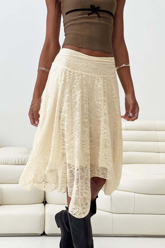 Lace Midi Skirt with Asymmetrical Hem Skirt