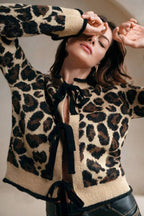Leopard Print Loose Fit Tie-Front Knit Sweater