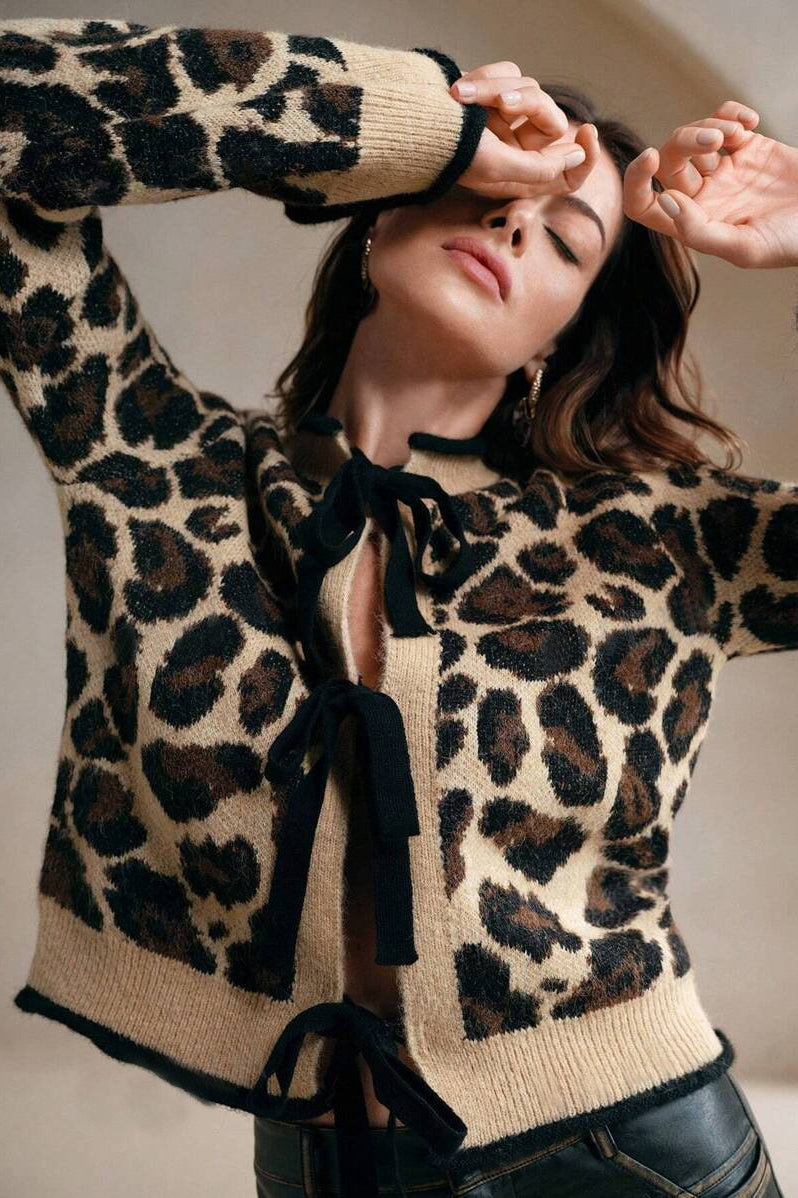 Leopard Print Loose Fit Tie-Front Knit Sweater