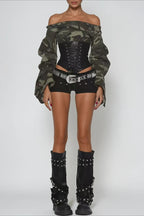 Off Shoulder Camo Print Tie Up  Blouse