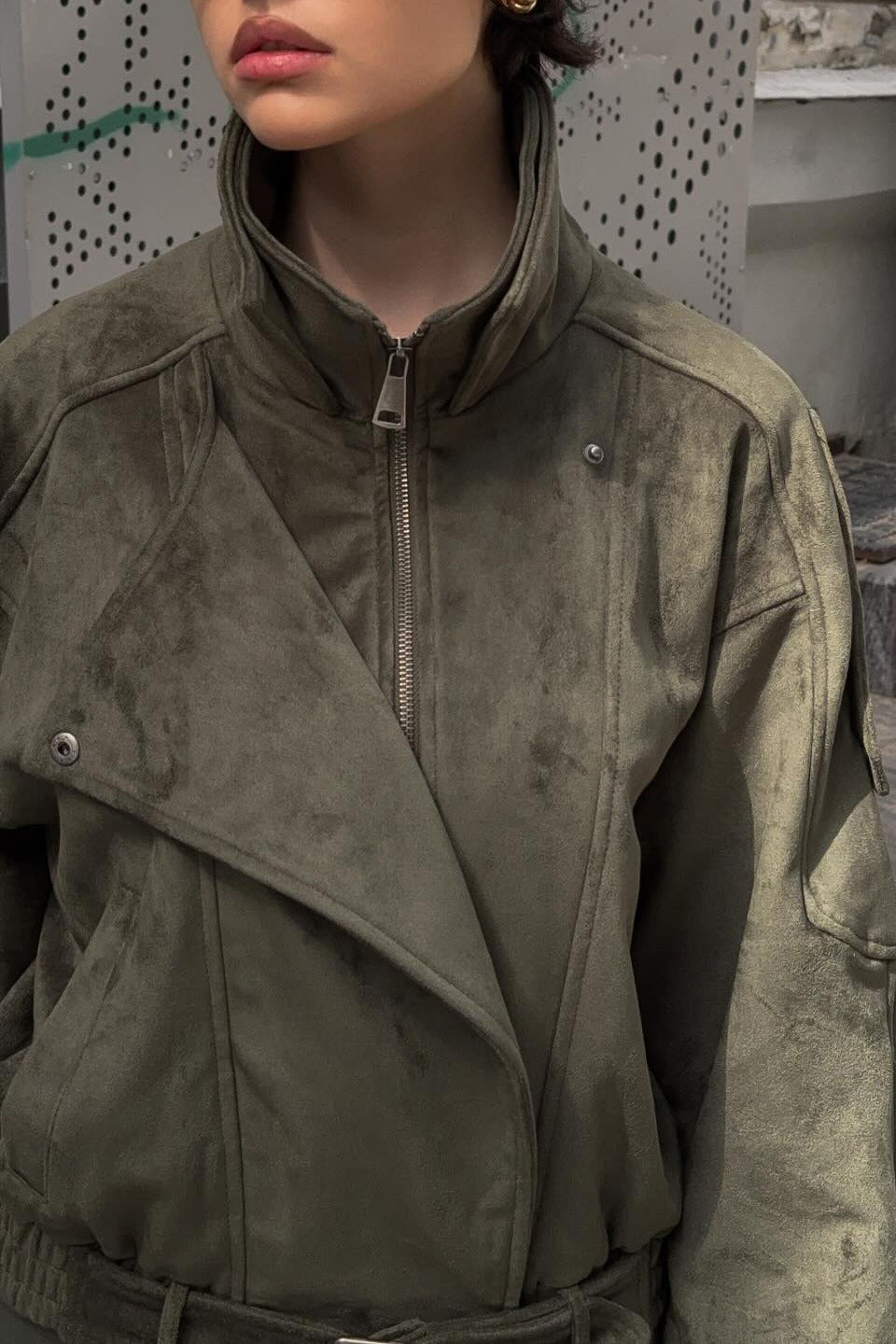 Stand Collar Suede Oversized Jacket