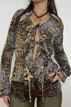 Vintage Animal Print Tie Front Ruffle Blouse