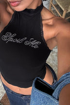 Rhinestone Letter Lace Cami Knit Top