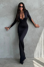 Sexy Lace-Up Cutout Black Long Sleeve Bodycon Maxi Dress