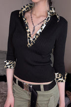 Leopard V Neck Knit Blouse