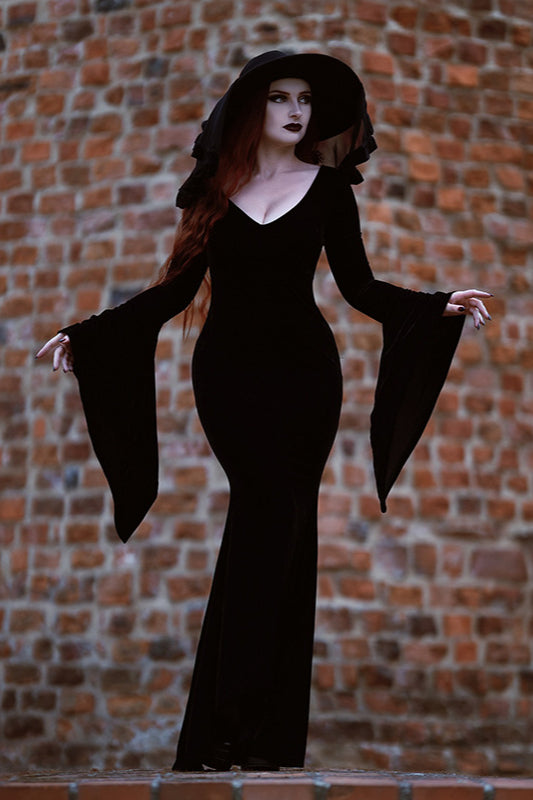Velvet Gothic V-Neck Bell Sleeve Maxi Dress