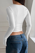 Vintage Ribbed Long Sleeve Square Neck Slim Fit Blouse
