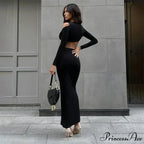 2024 Autumn Cut Out V Neck Plunge Long Sleeve Club Party Vestido Midi Dress