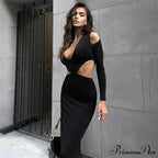 2024 Autumn Cut Out V Neck Plunge Long Sleeve Club Party Vestido Midi Dress