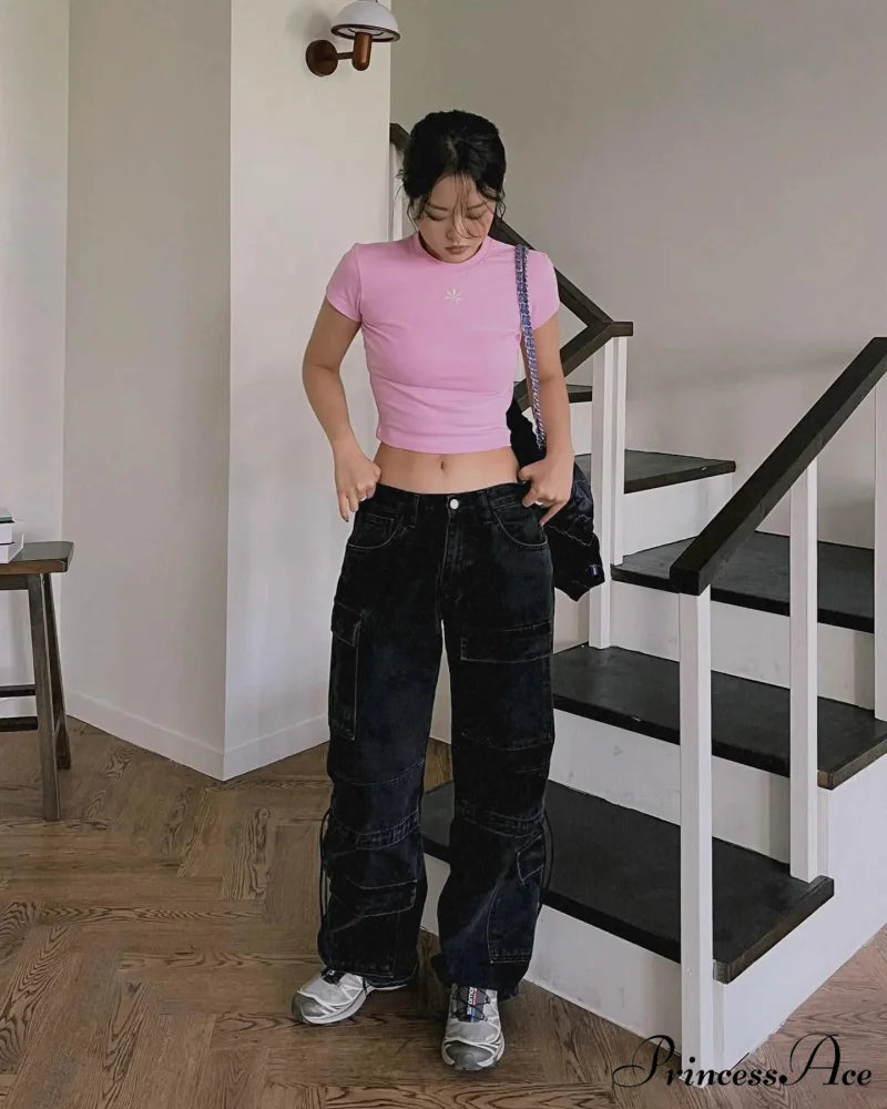 2024 Autumn New Fashionable Women's Cargo European and American Style Retro Y2K Pocket Loose Overalls Jean