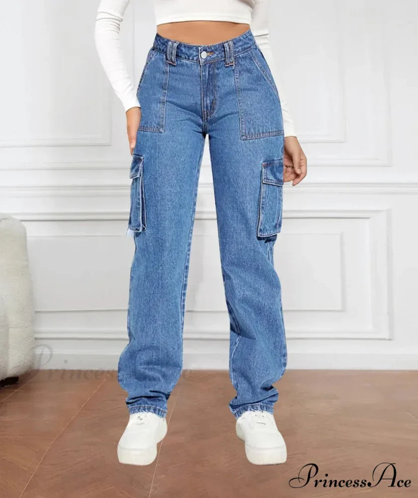 2024 Blue Autumn Cargo Women High Waist Button Pocket Denim Pants High Quality Female Cowboy Jeans