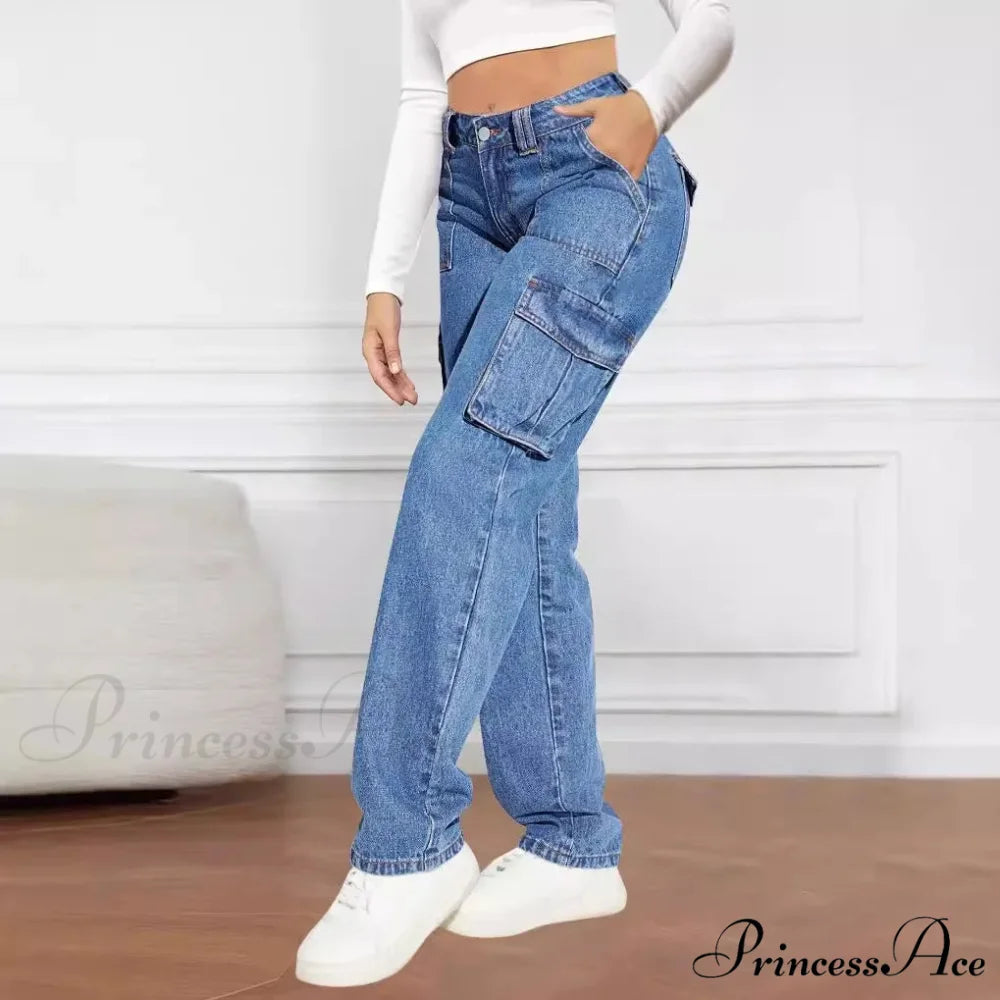 2024 Blue Autumn Cargo Women High Waist Button Pocket Denim Pants High Quality Female Cowboy Jeans