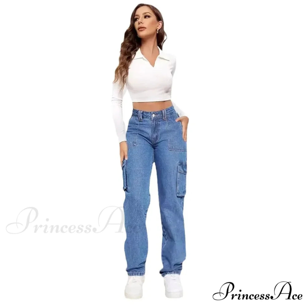 2024 Blue Autumn Cargo Women High Waist Button Pocket Denim Pants High Quality Female Cowboy Jeans