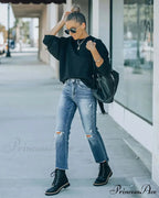 2024 Blue New Hole Straight Women's All-Match High Waist Casual Ladies Washed Jean