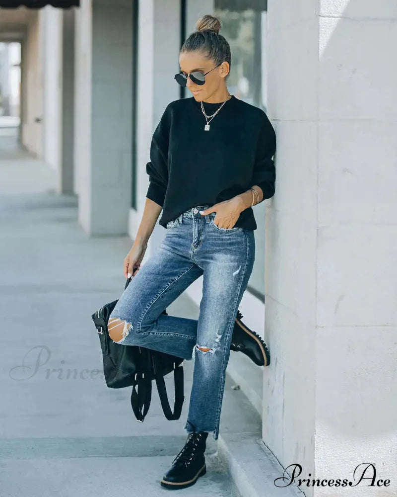 2024 Blue New Hole Straight Women's All-Match High Waist Casual Ladies Washed Jean