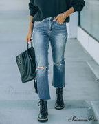 2024 Blue New Hole Straight Women's All-Match High Waist Casual Ladies Washed Jean