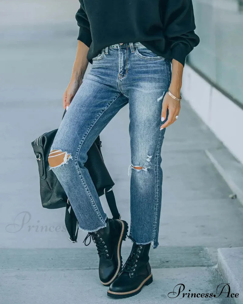 2024 Blue New Hole Straight Women's All-Match High Waist Casual Ladies Washed Jean