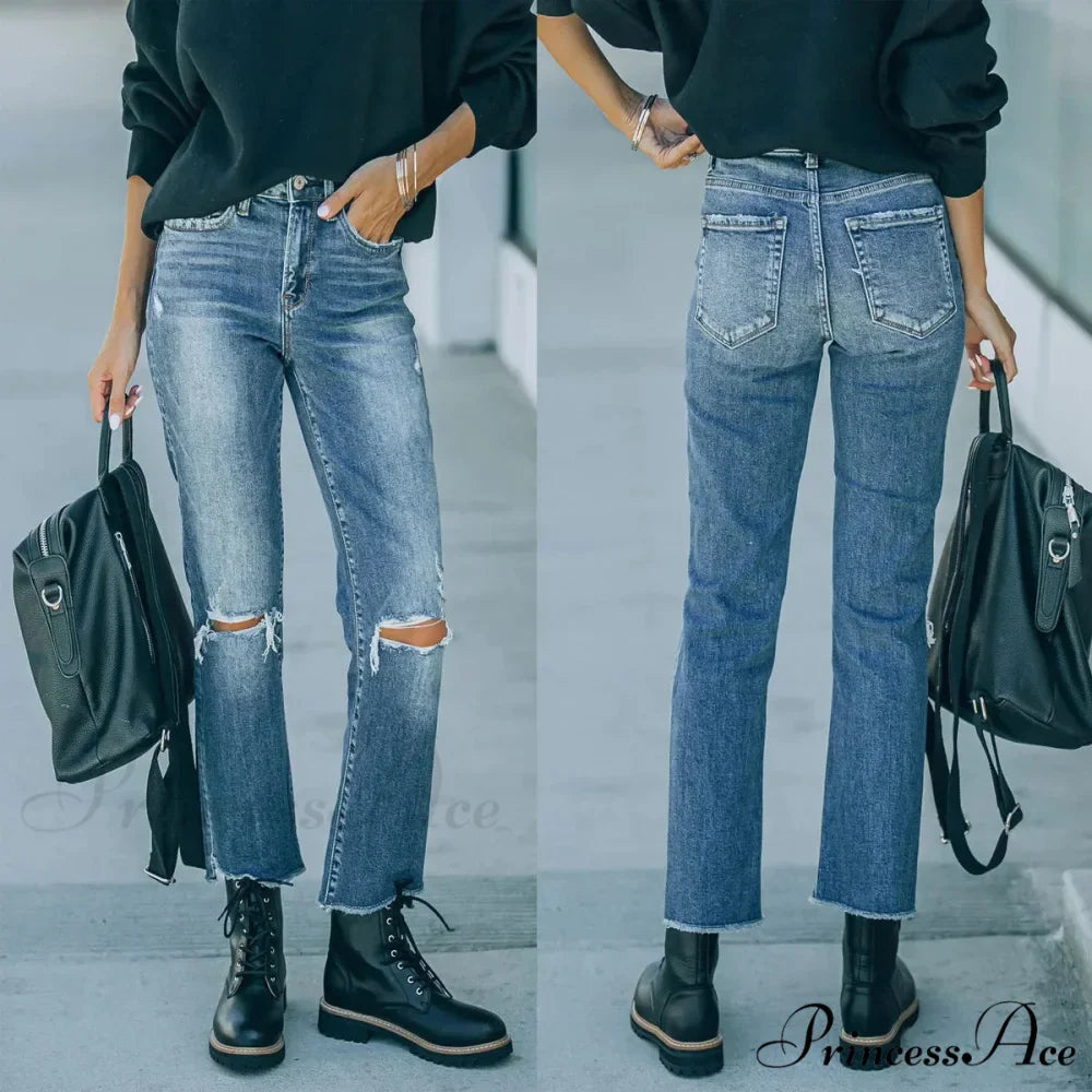 2024 Blue New Hole Straight Women's All-Match High Waist Casual Ladies Washed Jean