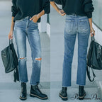 2024 Blue New Hole Straight Women's All-Match High Waist Casual Ladies Washed Jean